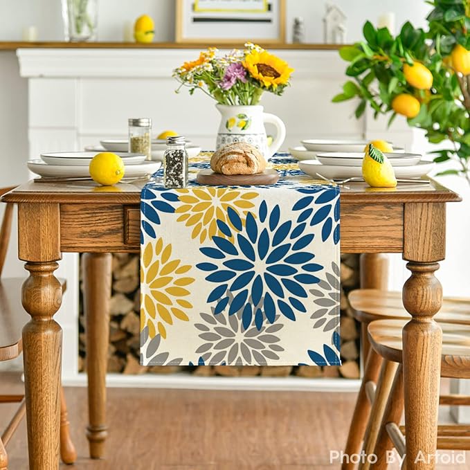 Artoid Mode Blue Dahlia Floral Pinnata Summer Table Runner, Spring Kitchen Dining Table Decoration for Home Party Decor 13x72 Inch