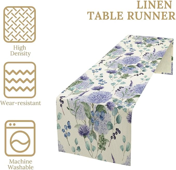Spring Hydrangea Flower Table Runner, Seasonal Summer Plants Watercolor Eucalyptus Leaves Purple Florals Dinner Runner for Home Kitchen Dining Table Party Holiday Decoration 13"x90"