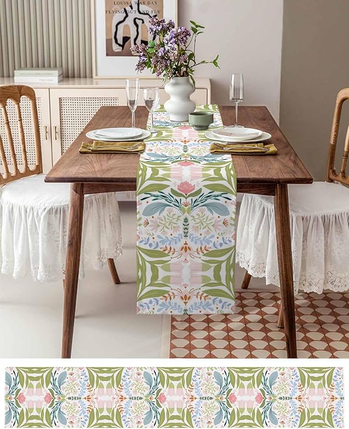 Green Blue Pink Boho Floral Cotton Linen Table Runner for Dining Kitchen, Wedding Outdoor Party Tablerunners Decoration, Retro Bohemian Botanical Dresser Scarf Coffee Tablecloth Runners 13x90 Inches