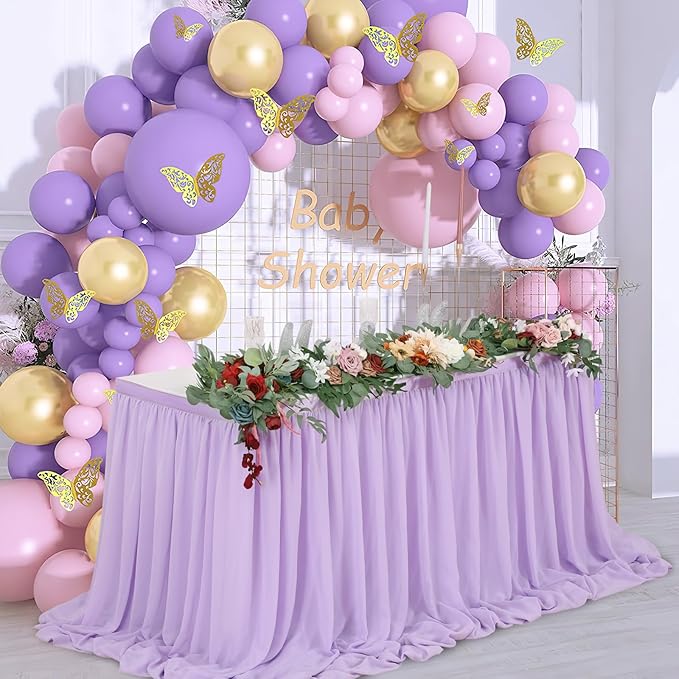 QueenDream Lavender Chiffon Table Skirt 6ft for Rectangle Tables Purple Mermaid Table Skirting for Wedding Birthday Butterfly Party Baby Shower