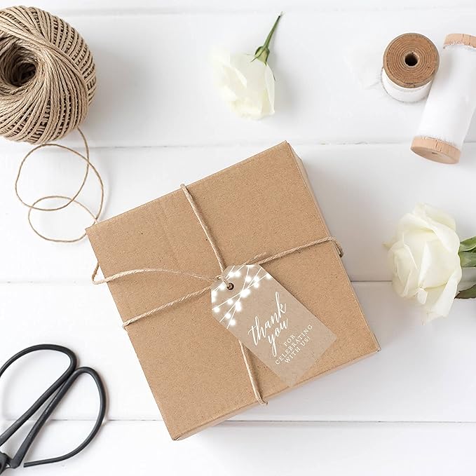 Andaz Press 100-Pack Thank You For Celebrating With Us Favor Tags Rustic String Lights Cardstock Gift Tags with Bakers Twine for Wedding Baby Shower Bridal Shower Birthday Party Favors 2 x 3.75-Inches