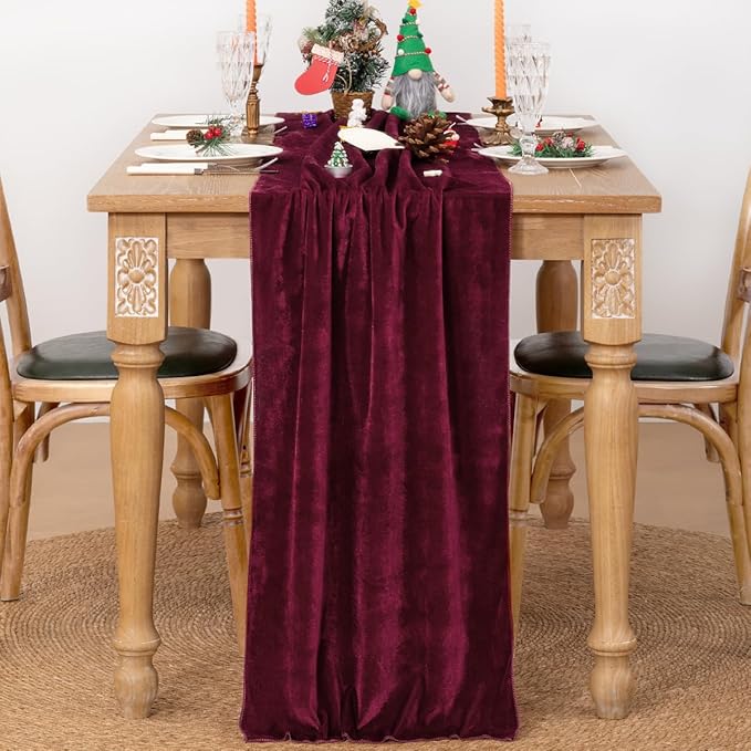 MLMC 2 Pack Burgundy Velvet Table Runner 10ft Elegant Luxury Wine Red Velvet Fall Table Runner 20x120 Inches Table Decor for Wedding Bridal Shower Home Party Thanksgiving Christmas Decor