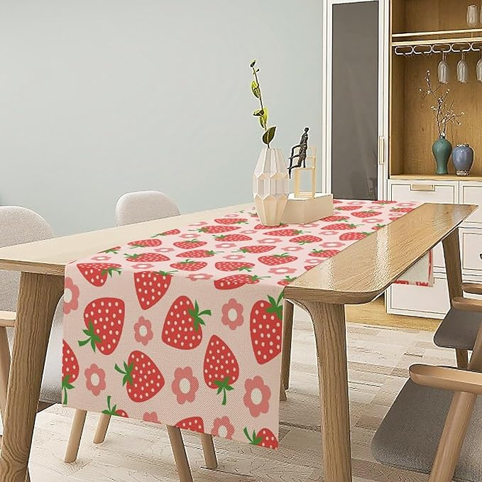 Strawberry Table Runner Spring Summer Fruit Pink Berry Forest Garden Dinner Runner for Girl Baby Shower Party Holiday Home Kitchen Dining Table Decor 13x36