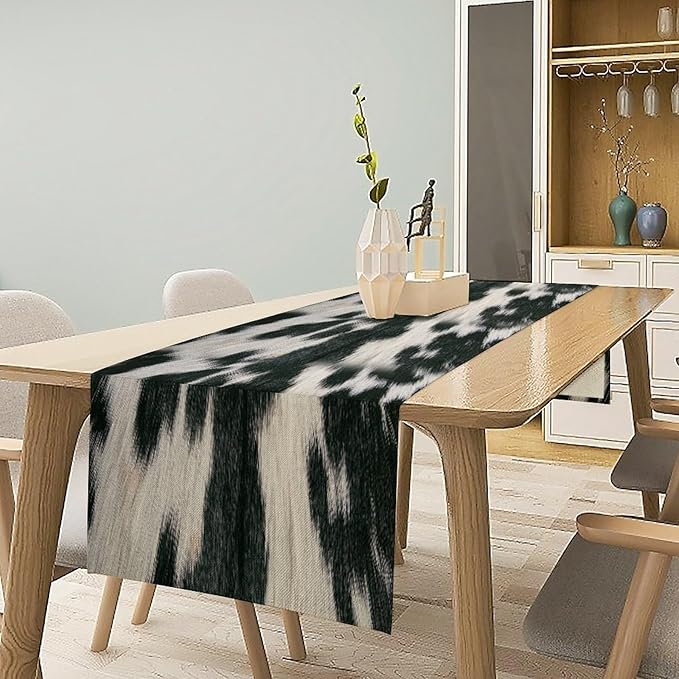 Rustic Cow Skin Print Table Runner, Country Farm Animal Fur Skin Pattern Western Style Brown Cowhide Print Cotton Linen Cottage Dinner Runner for Home Kitchen Dining, 13x120 Inch