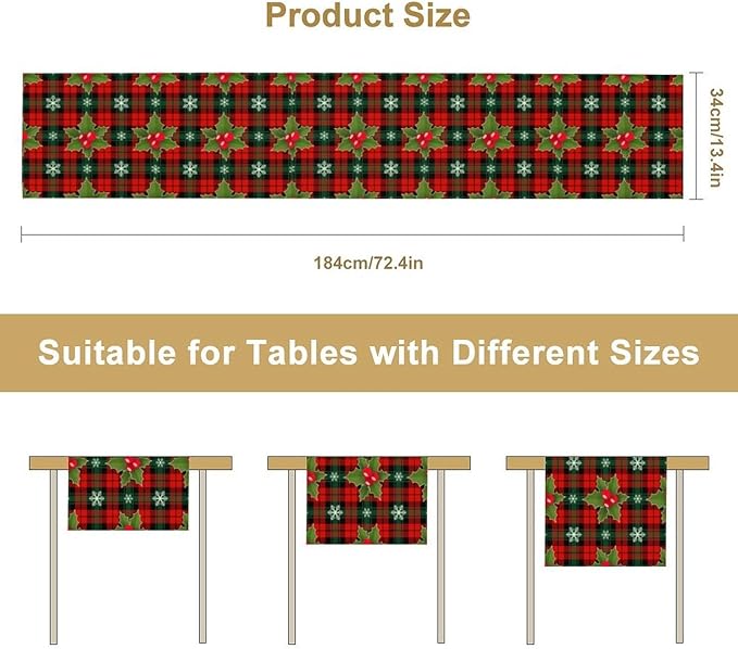 Christmas Table Runner, Red Check Plaid Winter Xmas Holiday Table Cloth Kitchen Dining Table Decoration for Home Party Decor 13x90 Inch