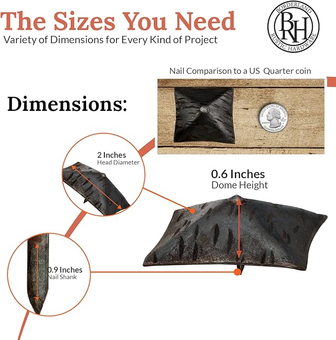 10 Pack 2" Square Head Iron Clavos Decorative Nails – Unfinished – Handmade Rustic Square Fasteners for Farmhouse Shutters, Faux Wood, Barn Doors, Shutters, and Gates – Ornamental Wood Accent