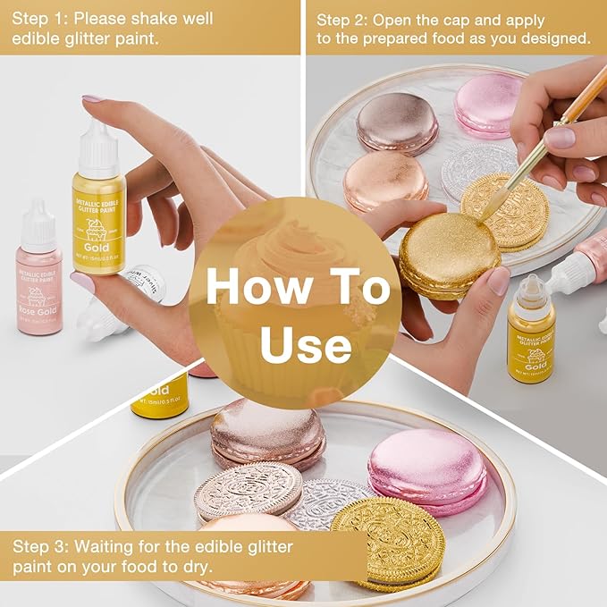 Edible Glitter Paint Set- 6 Color Food Coloring Metallic Glitter Paint for Baking, Cake Decorating - Food Grade Art Decorative Cake Paint for Cupcakes, Cookies, Fondant, Donuts, Macaron, Candy (metal, 6 color)