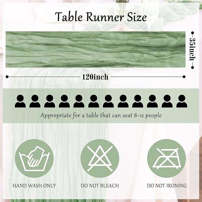 10-Pack Sage Green Cheesecloth Table Runners – 10FT (35x120 Inch) Boho Rustic Gauze Fabric Cheese Cloth Table Runner for Weddings, Baby Showers, Bridal Shower, Farmhouse & Birthday Party Decor