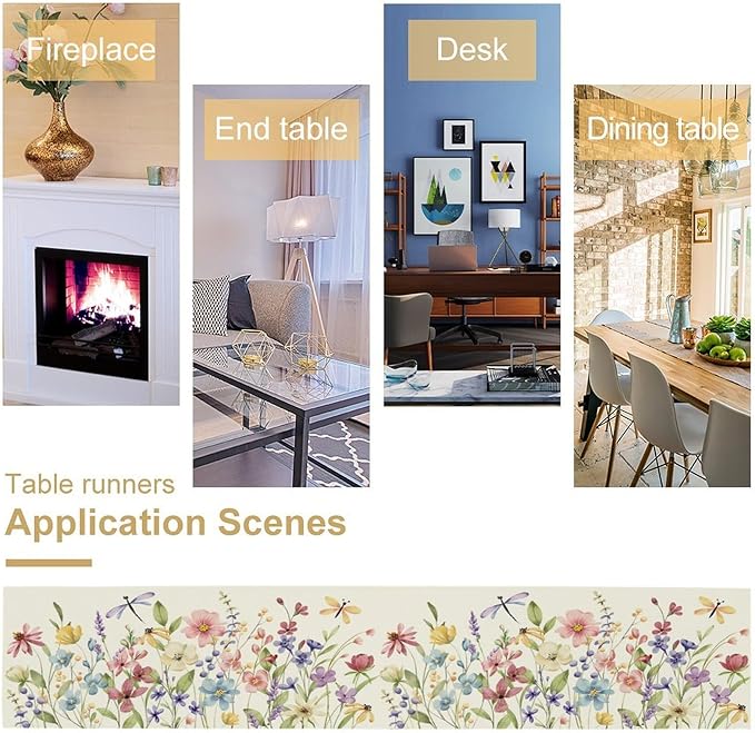 Watercolor Floral Table Runner, Colorful Spring Summer Nature Flower Dragonfly Pattern Print Table Runner for Kitchen Dinning Table Runner Decor Home Wedding Party Holiday, 13x90 Inch