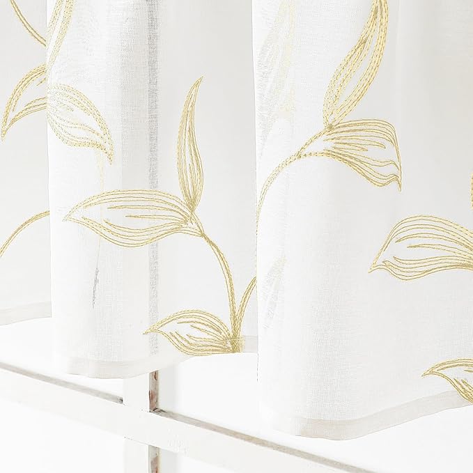 VISIONTEX White Sheer Voile Curtains, Decorative Leaves Embroidery Faux Linen Rod Pocket Window Drapes for Home Kitchen, Living Room and Bedroom 26 x 36 Inch, Set of 2 Curtain Panels