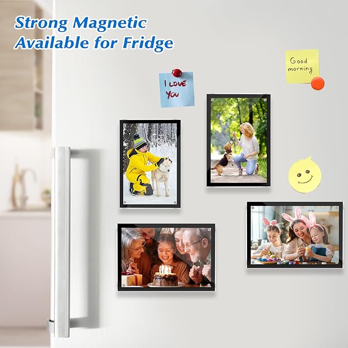 2 Pack Acrylic Magnetic Picture Frame 4x6, Clear Frame for Horizontal Vertical Tabletop Display, Black Photo Frame Magnets for Fridge