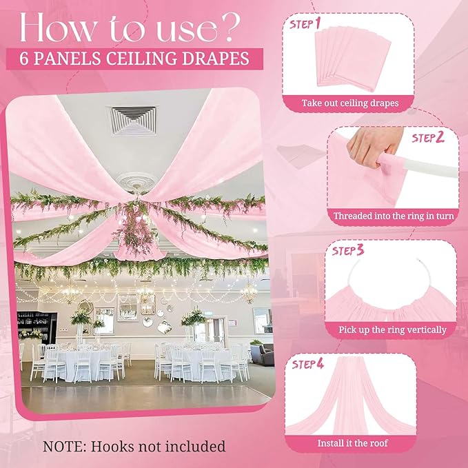 6 Panels Pink Ceiling Drapes for Wedding, 5ftx40ft Ceiling Drapes Cheesecloth Sheer Fabric Curtain Wedding Arch Draping Fabric Romantic Ceilings Decorations for Weddings Party Ceremony Stage
