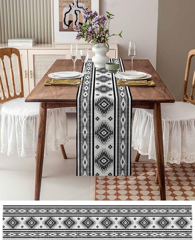 Aztec Southwest Cotton Linen Table Runner for Dining Kitchen, Wedding Outdoor Party Tablerunners Decoration, Boho Ethnic Tribes Vintage Grey Dresser Scarf Coffee Tablecloth Runners 13x108 Inches