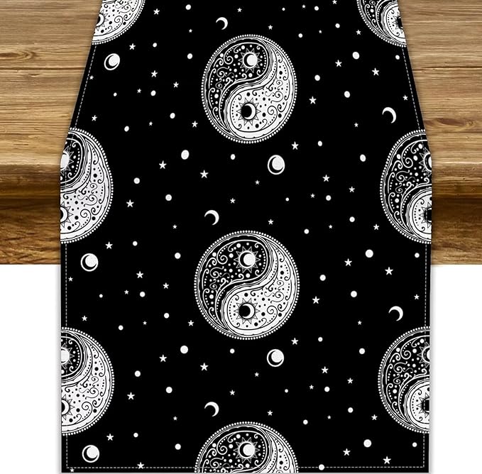 Mystical Celestial Table Runner, Vintage Bohemian Black Yin Yang Symbol Moon Stars Print Table Runner for Office Kitchen Dining Wedding Party Home Coffee Table, 13x108inch