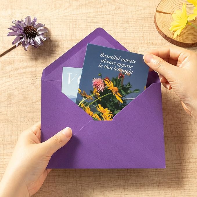50 Pack Colored A6 Invitation Envelopes 4x6 with Gold Stickers for Cards and Invitations, 5 Colors (Purple, 6 1/2 x 4 3/4 inches)