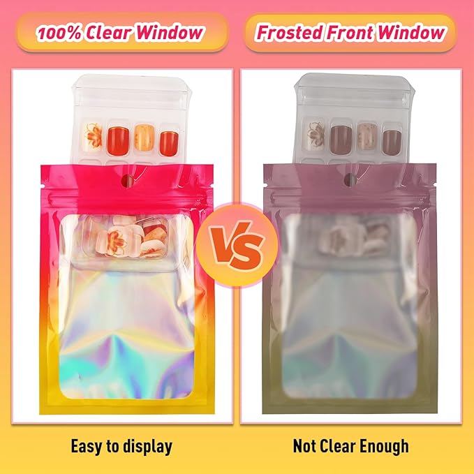 Funfery 100 Pack Gradient Holographic Bags,Mylar Resealable Bags with Zipper,Clear Window Packaging Pouchs,Smell Proof Bag for Food Storage,Sample Jewelry Bag(3.1x5.1In,Hot Pink Orange)