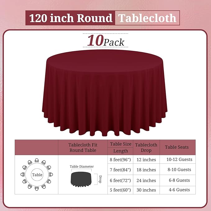 10 Pack Burgundy Round Tablecloths - 120 Inch, Polyester Table Cover for Round Table, Stain and Wrinkle Resistant Washable Fabric Tablecloth, Polyester Tablecloth for Wedding Banquet Parties
