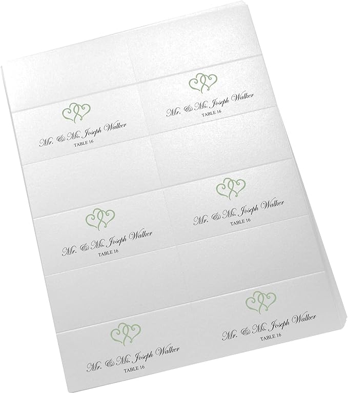 Linked Hearts Printable Place Cards, Sage (Choose Color), Set of 60 (10 Sheets), Laser & Inkjet Printers - Wedding, Party, Dinner, and Special Events - Made in the USA