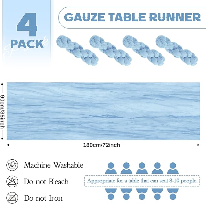 Aktor 4 Pack Light Blue Table Runner Boho Cheesecloth Table Runner Semi Sheer Gauze Fabric Runners for Wedding Birthday Baby Shower Party Boho Table Decoration（Light Blue）