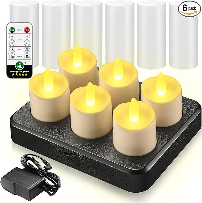 HL Flameless Candles with Remote Timer, 100+Hours Rechargeable Waterproof Outdoor Candles Tea Lights with Charging Base, Warm White LED Votive Floating Tealights for Festival Wedding Party Decor-6pc