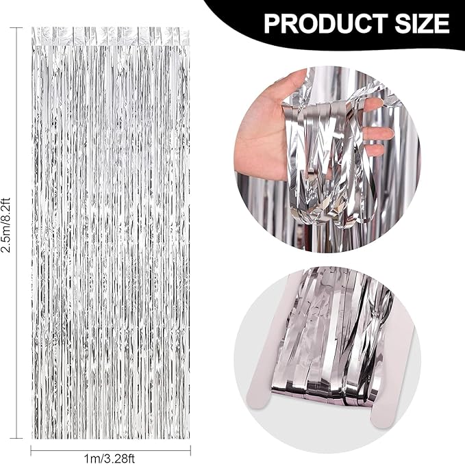 24 Pack Silver Metallic Foil Fringe Curtains, 3.2ft x 8.2ft Foil Fringe Curtain Backdrop Foil Streamers Party Supplies Tinsel Curtain Backdrop for Parties/Birthday/Halloween/Photo Booth