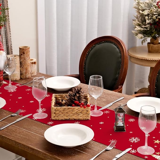 GEEORY Christmas Table Runner 13x60 Inch, Xmas Trees Snowflakes Holiday Decorative Farmhouse Table Decoration for Kitchen Dinning, Indoor Outdoor Dinner Party Decor (Red) GT150-60