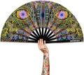 UV Glow Rave Fan, Bamboo Folding Clack Hand Fans Foldable for Men Women, Boots on the Ground Poping Fan for EDM Festival Line Dance Decoration, (Space Psychedelic, Medium 11")