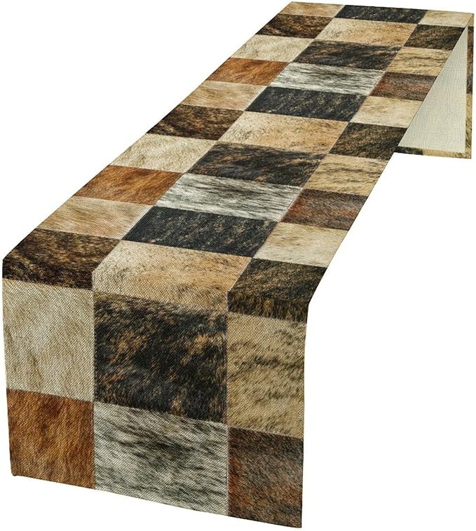 Rustic Cow Skin Patchwork Print Table Runner, Farmhouse Country Western Style Fur Table Cover for Dinning Home Party Holidays Home Setting, 13x36 Inch