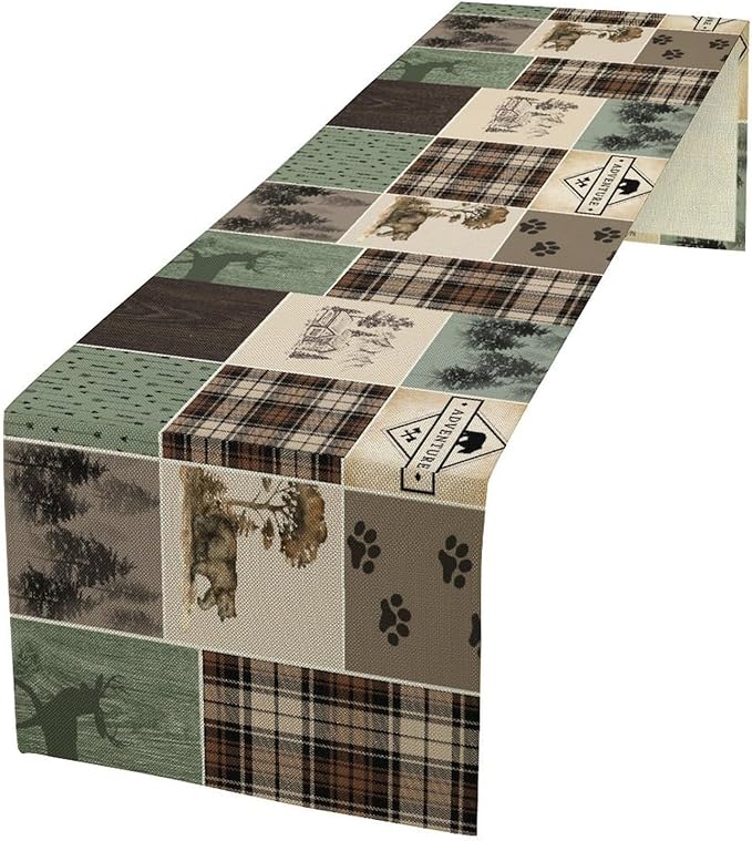 Bear Deer Table Runner,Rustic Lodge Retro Country Farmhouse Buffalo Plaid Print Tablecloth Burlap for Hotel Indoors Outdoor Dining Room Kitchen Home Decor,W13X L70 in
