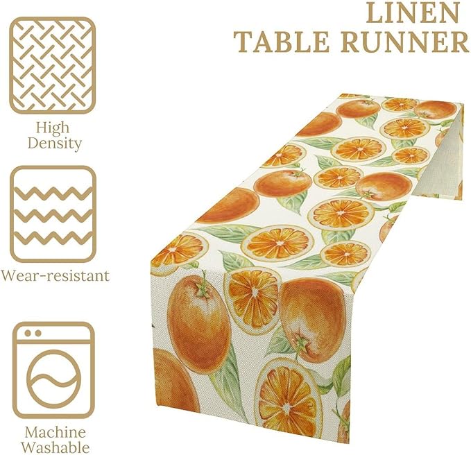 Spring Summer Orange Table Runner Watercolor Sweet Fruit Botanical Print Dinner Runner for Farmhouse Party Holiday Home Kitchen Dining Table Decor 13x108
