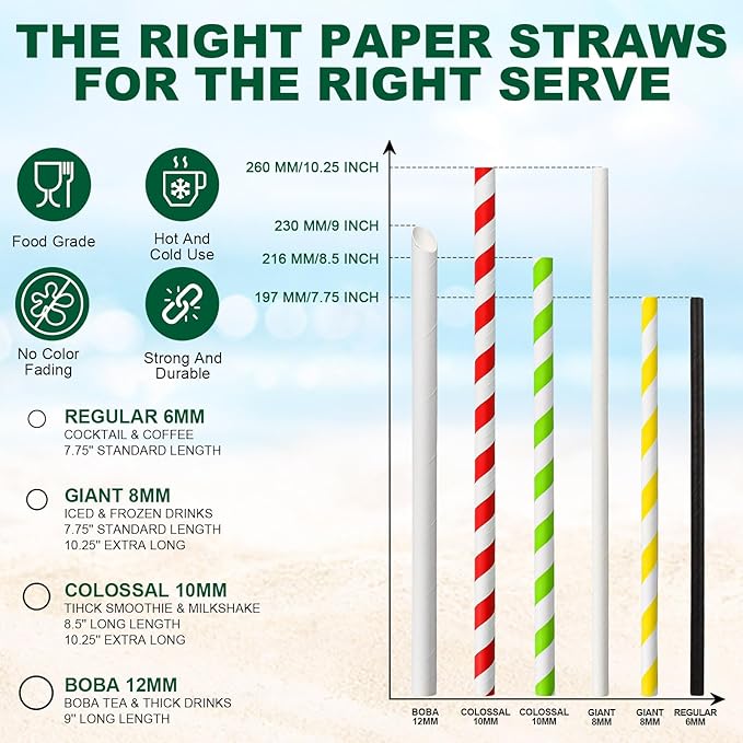[10MM Wide] 10.25 Inch Extra Long Fat Sturdy Paper Drinking Straws for Smoothies, Milkshakes, Thick Frozen Drinks - 100 Counts, Colorful Stripes - Biodegradable