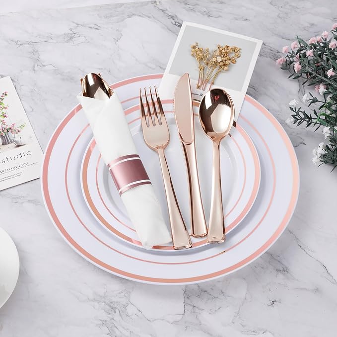 BESTVIP 100 Pack Pre Rolled Rose Gold Plastic Silverware Set, Disposable Wrapped Cutlery Set with 100 Napkins, 100 Knives, 100 Forks and 100 Spoons for Party, Birthday