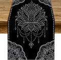 Lotus Flower Table Runner, Bohemian Ethnic Oriental Mandala Black White Floral Print Table Runner for Home Kitchen Dining Indoor Outdoor Dinner Party Decor, 13x70inch