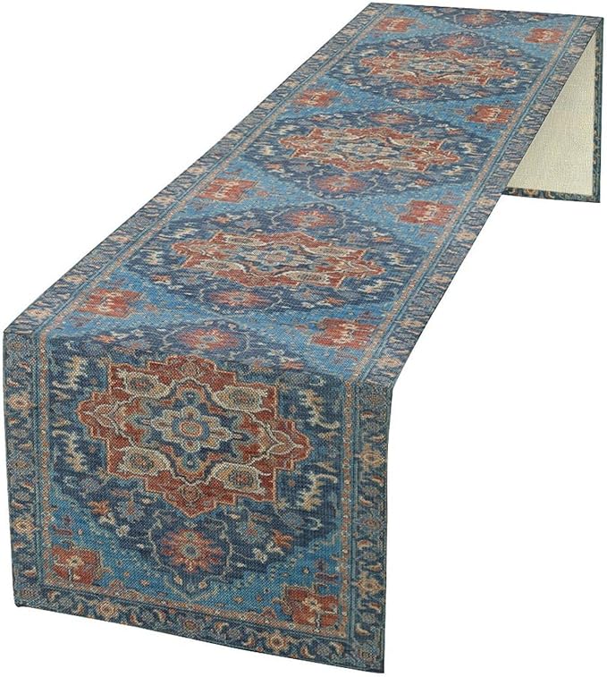 Boho Floral Vintage Table Runner, Retro Abstract Blue Flower Rustic Country Farmhouse Pattern for Home Kitchen Table Decor Dining Coffee Room Party Decor 13x120in