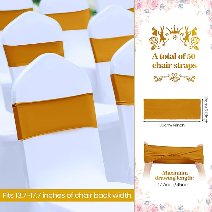 Kinlop 50 Pcs Spandex Chair Sashes Bows Chair BB0C3V65Z6Tands Slider Sashes for Covers Elastic Bands Ties Without Buckle Decorations for Wedding Party Events Ceremony Birthday(Mustard Yellow)