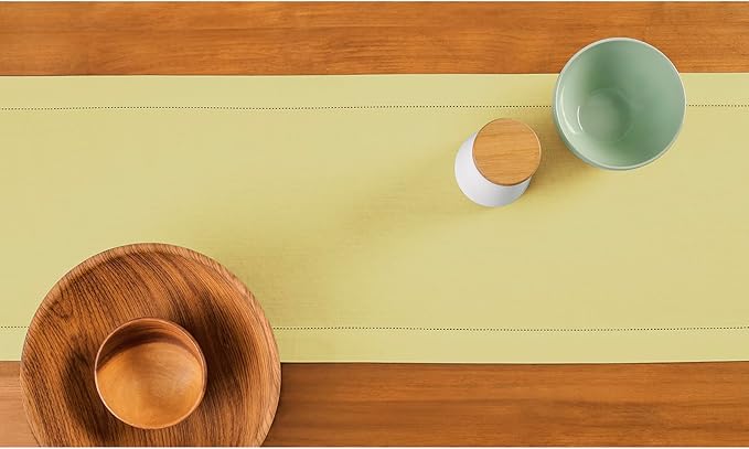 Solino Home Yellow Table Runner 90 Inches Long - Cotton Linen Hemstitch 14 x 90 Inch Table Runner for Dining