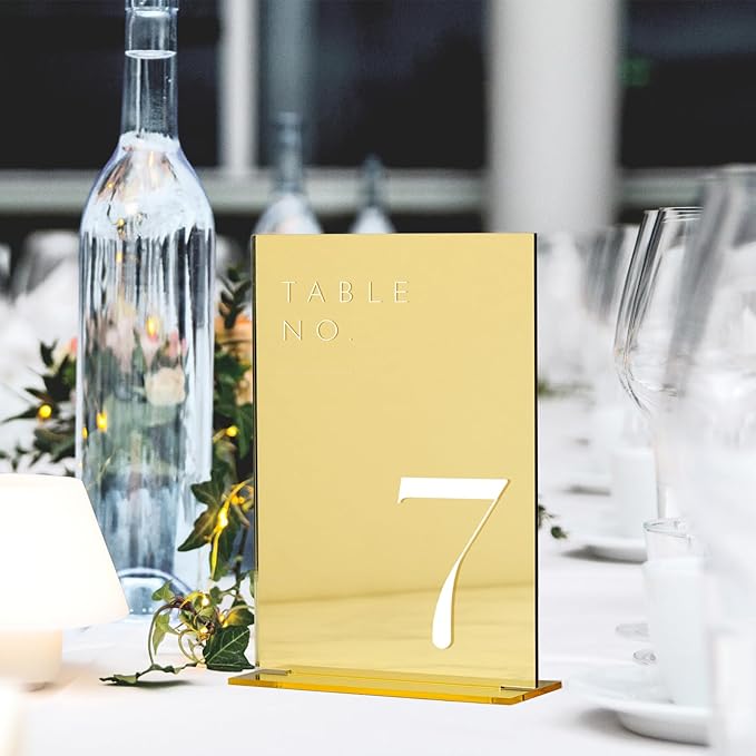 JINMURY Gold Wedding Table Numbers 1-20 with Stands, 5"x7" Gold Mirror Acrylic Table Numbers, Perfect for Wedding Reception, Party, Anniversary, Event