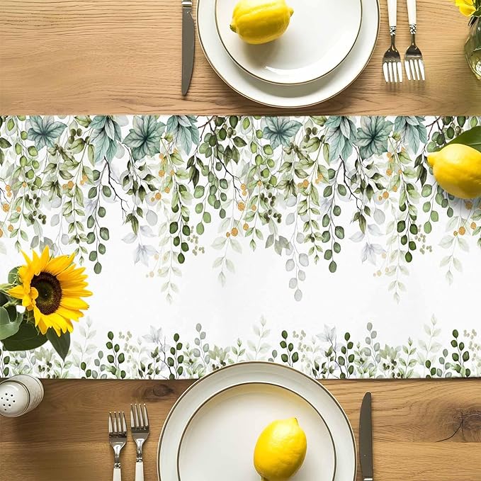 Sage Green Eucalyptus Cotton Linen Table Runner for Dining Kitchen, Farmhouse Leaves Wedding Outdoor Party Tablerunners Decoration Botanical Floral Dresser Scarf Coffee Tablecloth Runners 13x60 Inches