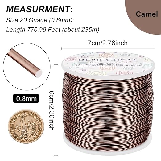 BENECREAT 20 Gauge 770FT Brown Aluminum Wire Anodized Jewelry Craft Making Beading Floral Colored Aluminum Craft Wire for Jewelry Craft, Garden, Model Making