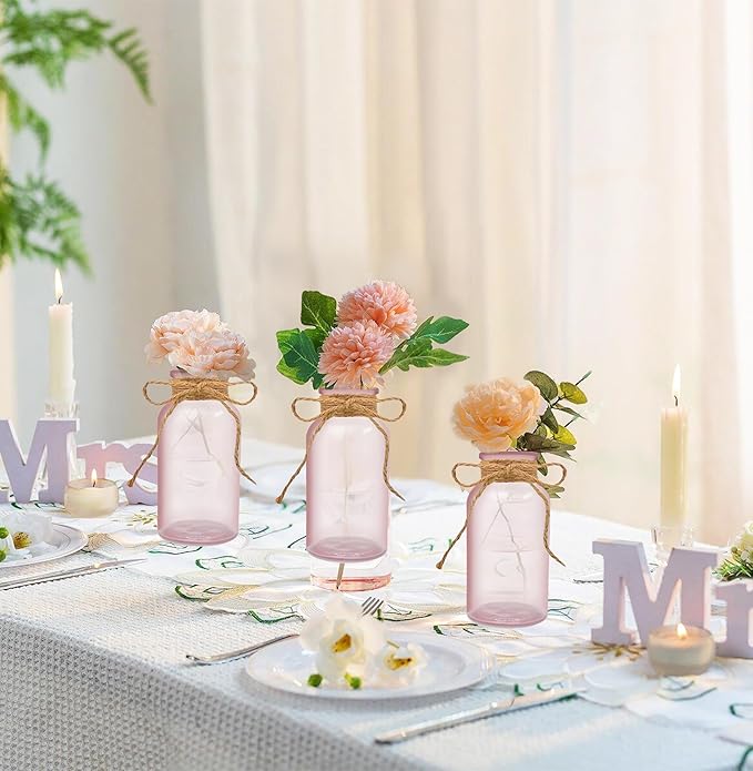 Vintage Glass Flower Vase，12 Pack Pink Farmhouse Glass Centerpiece Vases Mason Jars for Weddings, Parties & Home Decor Bulk (12, Pink)