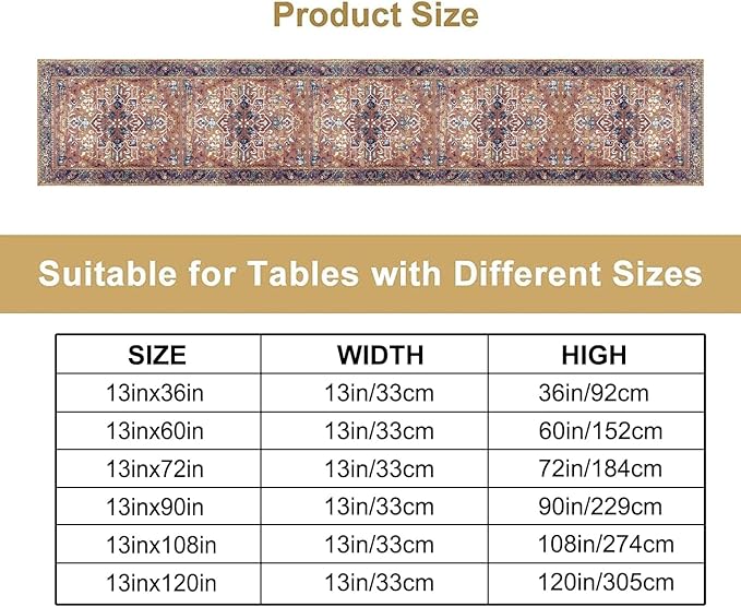 Boho Floral Vintage Table Runner, Purple Brown Retro Flower Rustic Country Farmhouse Abstract Pattern for Home Kitchen Table Decor Dining Coffee Room Party Decor 13x90in