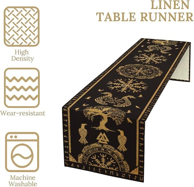 Viking Tree of Life Abstract Table Runner for Living Room Home Party Coffee Dining Party Wedding Golden Black Celtic Style Geometric Dragon Boat Rudder Ancient Script Table Runner 13x60 Inch