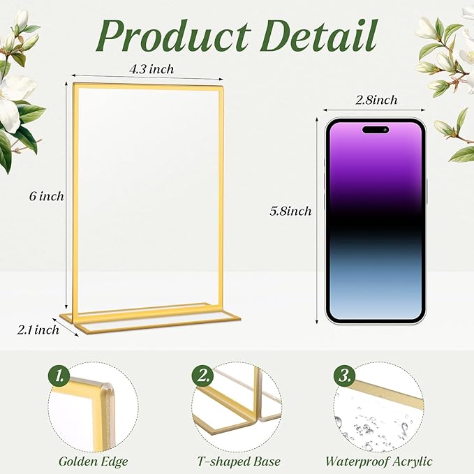 30 Pack 4x6 Gold Acrylic Sign Holders, Double Sided Clear Frames for Wedding Table Numbers, Menu Displays, Photo and Art Showcase for Restaurant, Office, Events