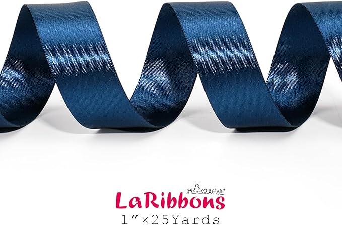LaRibbons Navy Satin Ribbon 1 Inch 50 Yards Luxury Double Faced Blue Silk Ribbon for Flower Bouquet Crafts Gift Wrapping Wedding Bow Decoration
