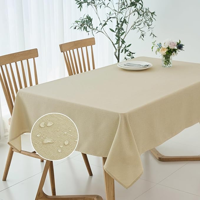 maxmill Rectangle Linen Texture Tablecloth Stain Proof Waterproof Wrinkle Free Washable Dining Table Cloth Wipeable Fabric Table Cover for Dining Room Farmhouse Tablecloths, 60 x 120 Inch, Beige
