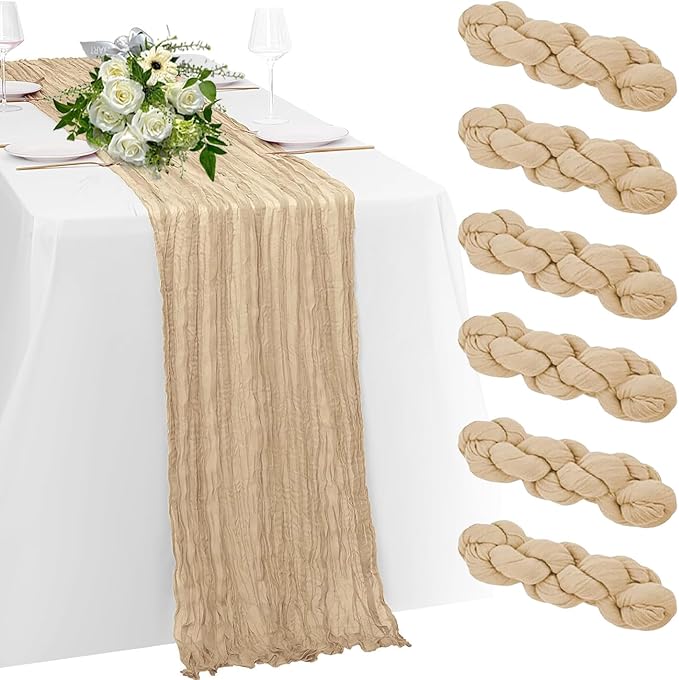 6 Pack Beige Cheesecloth Table Runner 23x120 inch Rustic Boho Gauze Table Runner 10 FT Long Sheer Cheese Cloth Fabric Table Runners for Romantic Wedding Bridal Shower Birthday Party Decor