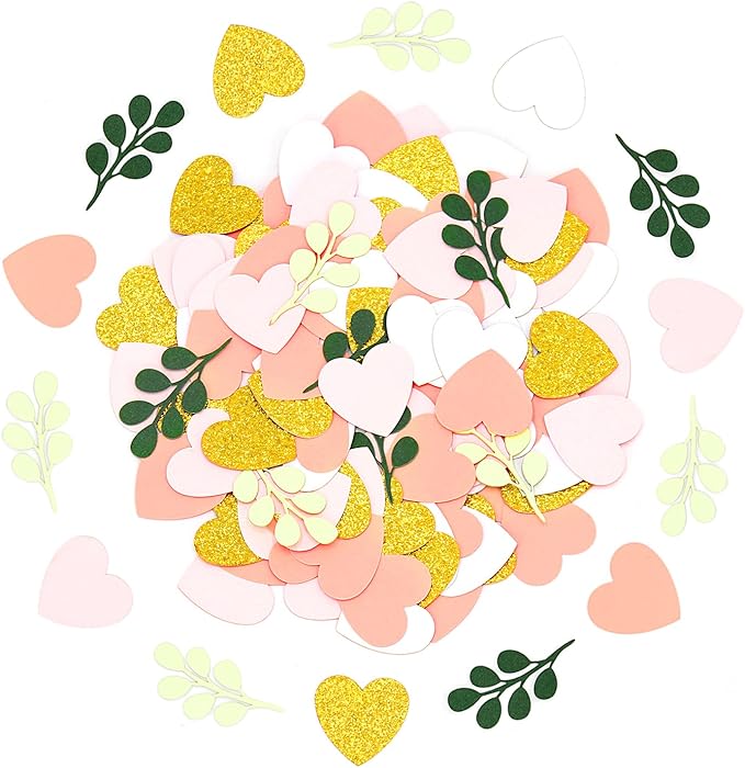 200PC Heart Wedding Confetti Greenery Eucalyptus Table Scatters for Pink and Sage Green Bridal Shower/Birthday/Baby Shower/Bachelorette Party Decoartions