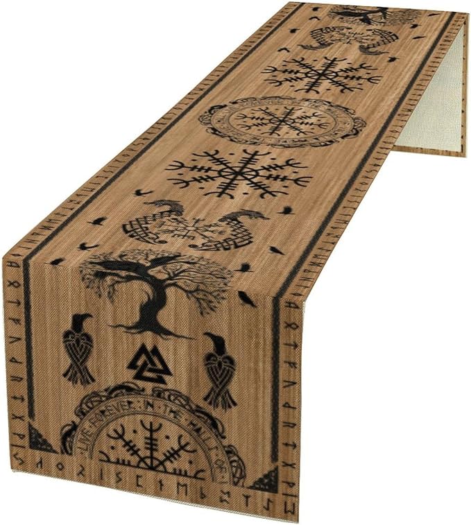 Viking Tree of Life Table Runner, Wooden Printed Eagle Dragon Boat Rudder Seasonal Kitchen Dining Table Decoration for Home Party 13x90 Inch