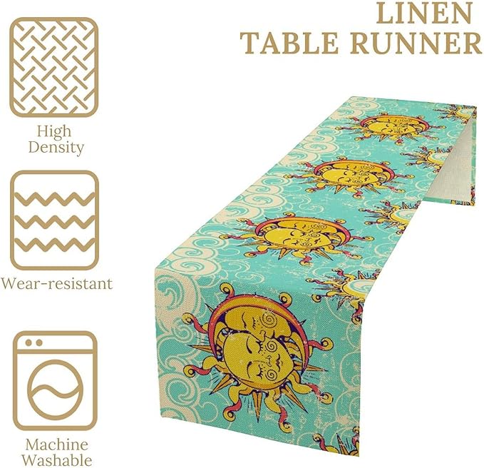 Retro Sun Moon Table Runner, Phase of The Moon Vintage Cloud Table Runner for Kitchen Dinner Living Room Table Runner Yellow Floral, 13x70 Inch Yellow Blue