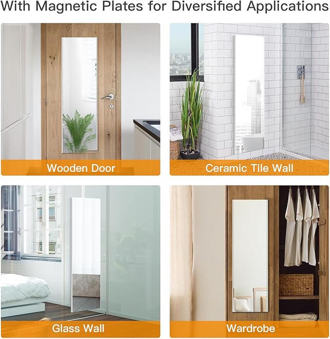47"x12" Magnetic Mirror Lightweight Full-Length Mirror | Strong Adhesion, Easy Installation | Suitable for Refrigerators, Glass Walls, Wooden Doors, and More | 8.2kg Ultra-Strong Support | White